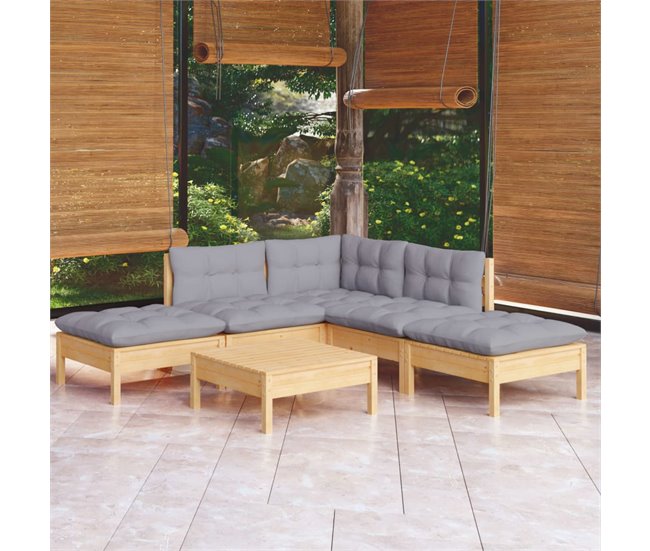 Conforama Juego De Muebles De Jardin 6 Piezas Y Cojines Madera Pino Gris
