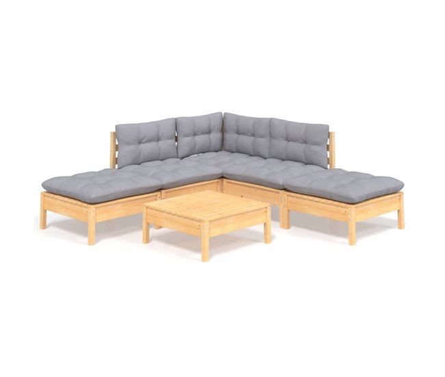 Conforama Juego de muebles de jardin 6 piezas y cojines madera pino gris
