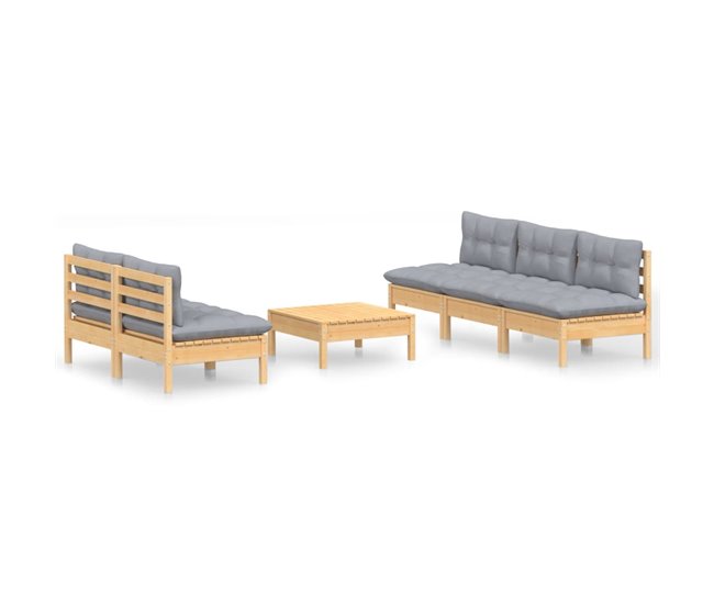 Conforama Juego de muebles de jardin 6 piezas y cojines madera pino gris