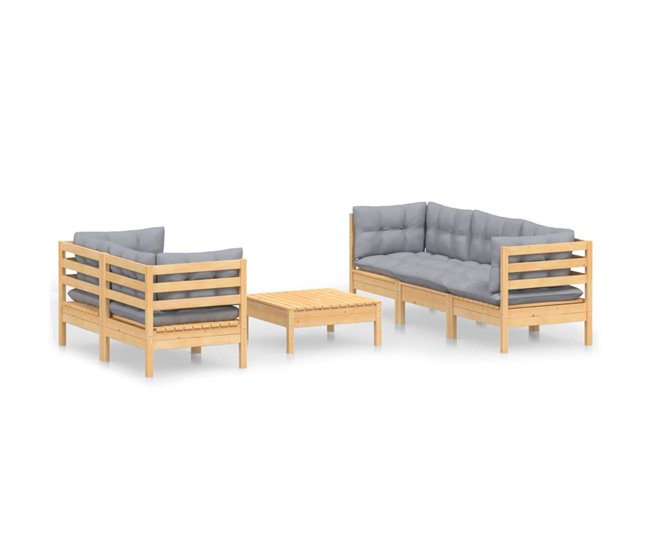 Conforama Juego de muebles de jardin 6 piezas y cojines madera pino gris