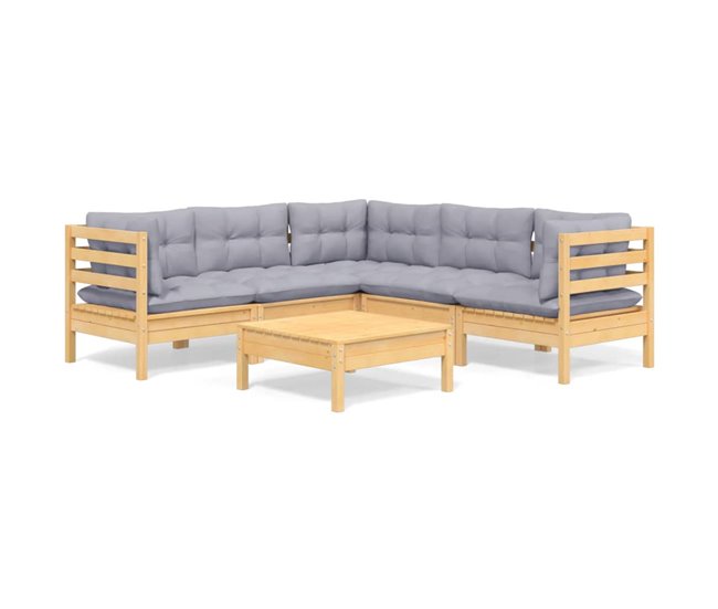Conforama Juego de muebles de jardin 6 piezas y cojines madera maciza pino