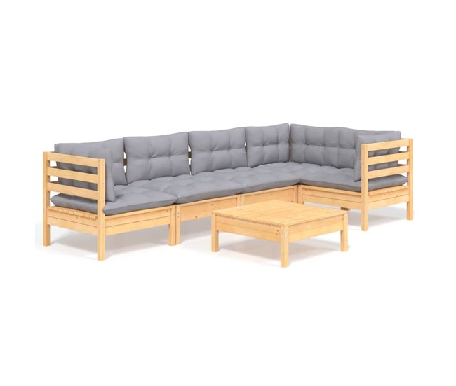 Conforama Juego de muebles de jardin 6 piezas y cojines madera pino gris