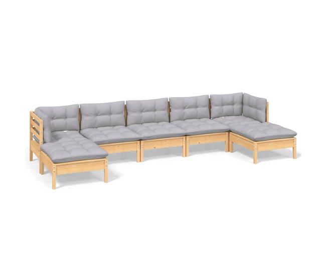 Conforama Juego de muebles de jardin 7 piezas y cojines madera pino gris