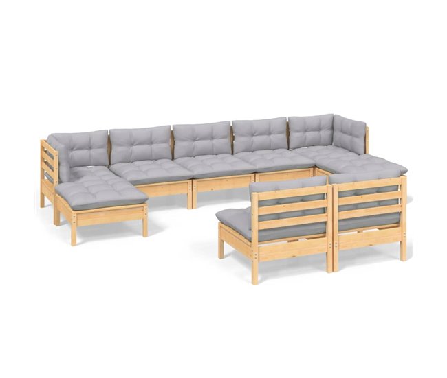 Conforama Juego de muebles de jardin 9 piezas y cojines madera pino gris