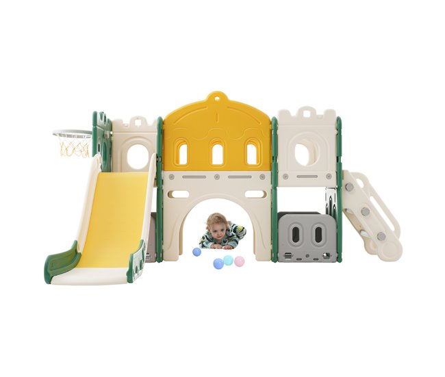Conforama Juego de tobogán y cesta 6 en 1 para niños - Zona de juegos de interior y exterior Verde