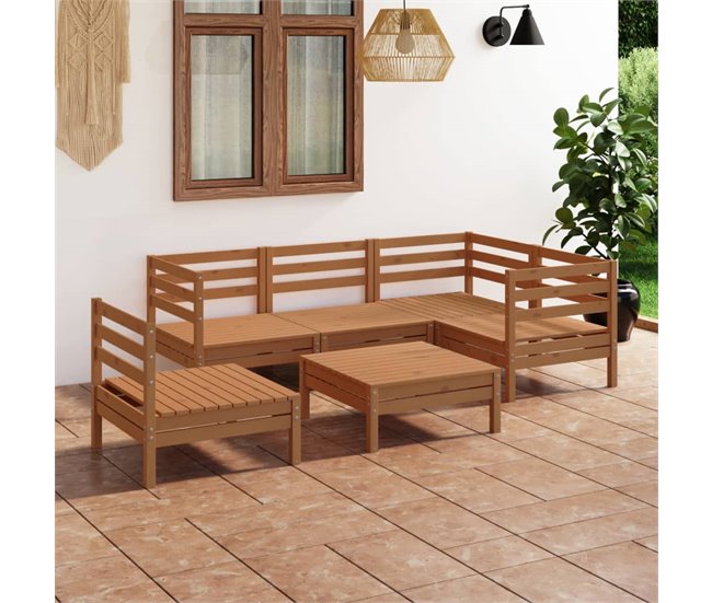 Conforama Juego Muebles De Jardin 6 Piezas Madera Maciza Pino Marrón Miel