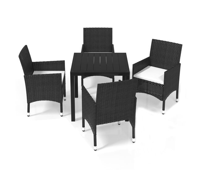 Conforama Juego muebles jardin 5 piezas con cojines ratán sintético negro longitud mesa 80 cm