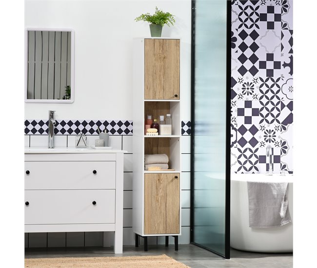 Conforama Kleankin Armario Alto De Baño Columna Auxiliar De Baño Con 2 Puertas Y 6 Estantes Para Ducha Aseo Dormitorio Estilo Moderno 30x31 5x169 Cm Blanco Y Roble