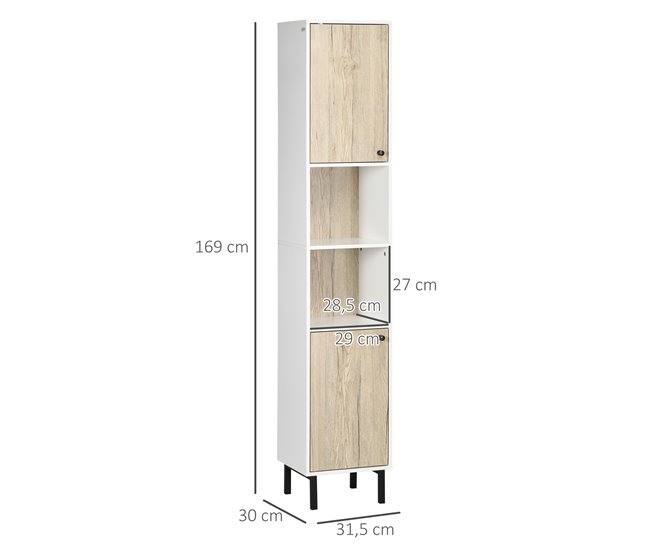 Conforama Kleankin Armario Alto De Baño Columna Auxiliar De Baño Con 2 Puertas Y 6 Estantes Para Ducha Aseo Dormitorio Estilo Moderno 30x31 5x169 Cm Blanco Y Roble