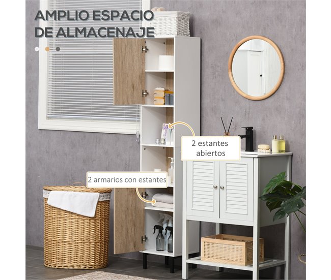 Conforama Kleankin Armario Alto De Baño Columna Auxiliar De Baño Con 2 Puertas Y 6 Estantes Para Ducha Aseo Dormitorio Estilo Moderno 30x31 5x169 Cm Blanco Y Roble