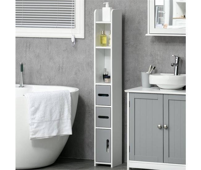 Conforama Kleankin Armario Alto de Baño Con 3 Puertas Y 3 Estantes Abiertos Columna Auxiliar De Baño Para Salón Aseo Dormitorio Estilo Moderno 15x17x120 Cm Gris