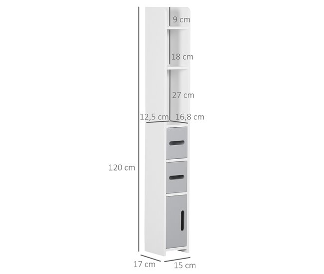 Conforama Kleankin Armario Alto de Baño Con 3 Puertas Y 3 Estantes Abiertos Columna Auxiliar De Baño Para Salón Aseo Dormitorio Estilo Moderno 15x17x120 Cm Gris