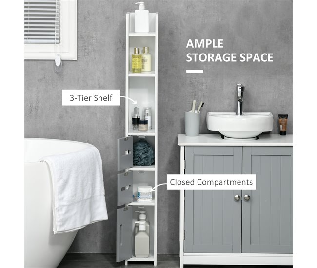 Conforama Kleankin Armario Alto de Baño Con 3 Puertas Y 3 Estantes Abiertos Columna Auxiliar De Baño Para Salón Aseo Dormitorio Estilo Moderno 15x17x120 Cm Gris