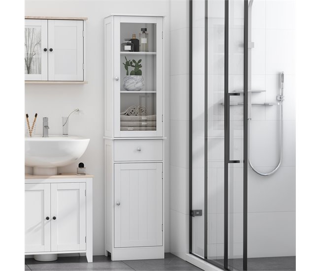 Conforama Kleankin Armario Alto Para Baño Mueble Auxiliar De Baño De Estilo Moderno Con 2 Puertas Estantes Ajustables Y 1 Cajón 40x27x171 5 Cm Blanco