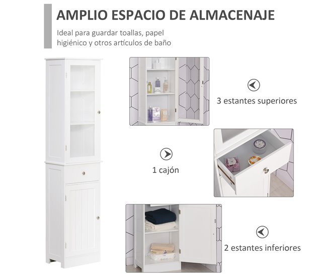 Conforama Kleankin Armario Alto Para Baño Mueble Auxiliar De Baño De Estilo Moderno Con 2 Puertas Estantes Ajustables Y 1 Cajón 40x27x171 5 Cm Blanco