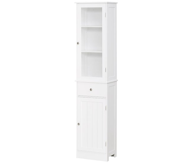 Conforama kleankin Armario Alto para Baño Mueble Auxiliar de Baño de Estilo Moderno con 2 Puertas Estantes Ajustables y 1 Cajón 40x27x171 5 cm Blanco