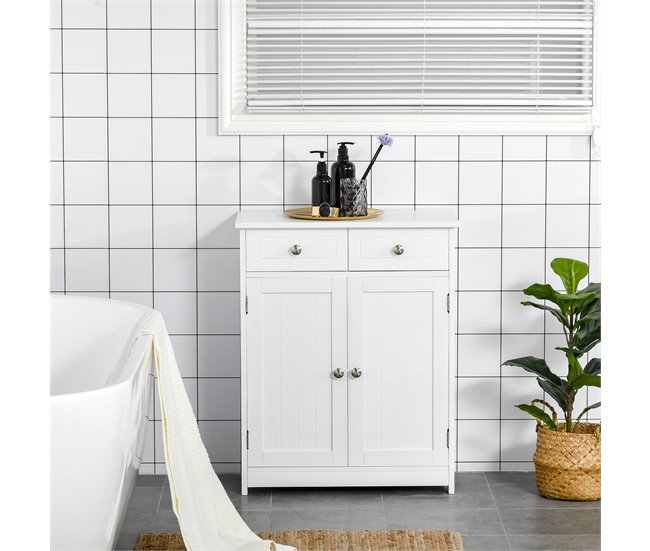 Conforama Kleankin Armario Auxiliar De Baño Mueble Auxiliar De Baño Con 2 Cajones 2 Puertas Y Estante Ajustable Estilo Moderno Para Ducha Dormitorio 60x30x75 Cm Blanco