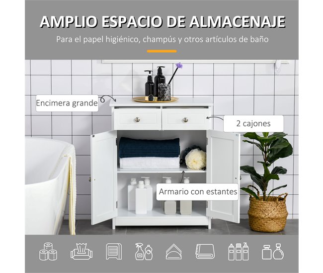 Conforama Kleankin Armario Auxiliar De Baño Mueble Auxiliar De Baño Con 2 Cajones 2 Puertas Y Estante Ajustable Estilo Moderno Para Ducha Dormitorio 60x30x75 Cm Blanco