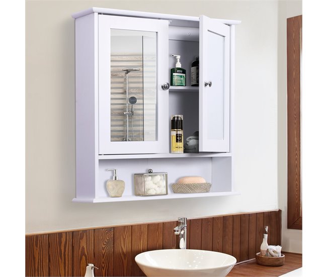 Conforama Kleankin Armario De Baño Con Espejo De Pared Con 2 Puertas Armario De 3 Niveles Para Almacenamiento Armario De Pared Para Cocina Baño Salón Tablero De MDF Fuerte Y Fácil De Limpiar Blanco 56x13x58cm