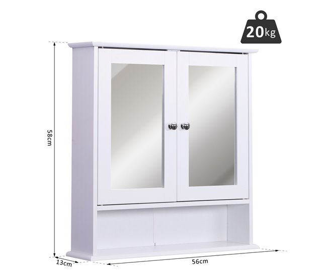 Conforama Kleankin Armario De Baño Con Espejo De Pared Con 2 Puertas Armario De 3 Niveles Para Almacenamiento Armario De Pared Para Cocina Baño Salón Tablero De MDF Fuerte Y Fácil De Limpiar Blanco 56x13x58cm