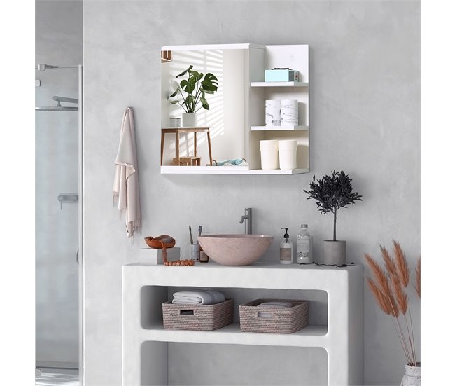 Conforama Kleankin Armario De Baño Con Espejo Montado En La Pared Con 3 Estantes Abiertos Y 1 Puerta Con Balda Interior Estilo Moderno 60x18x50 Cm Blanco
