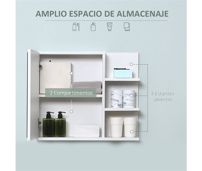 Conforama Kleankin Armario De Baño Con Espejo Montado En La Pared Con 3 Estantes Abiertos Y 1 Puerta Con Balda Interior Estilo Moderno 60x18x50 Cm Blanco
