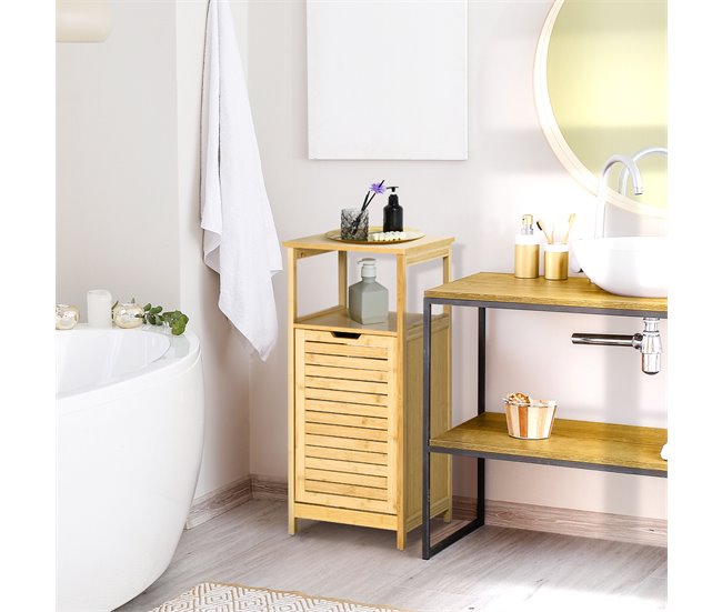 Conforama Kleankin Estantería De Baño De Bambú Armario Para Baño Con 2 Estantes Y 1 Cajón De Tela Extraíble Mueble Columna De Almacenaje Para Salón Cocina 40x30x86 5 Cm Natural