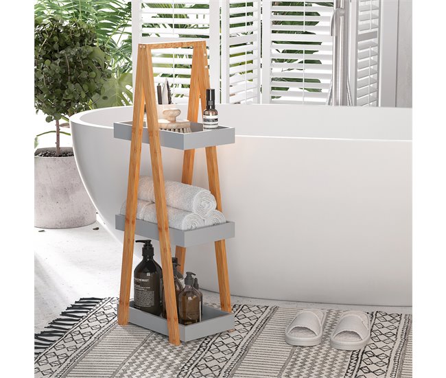 Conforama Kleankin Estantería De Baño De Bambú Con 3 Estantes Estantería De Almacenaje Estantería De Madera En Forma De A 30x18x81 Cm Natural Y Gris