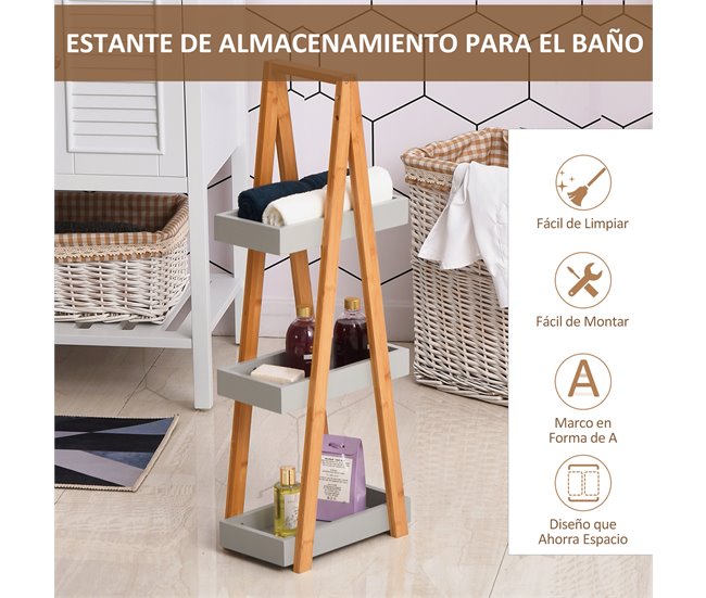 Conforama Kleankin Estantería De Baño De Bambú Con 3 Estantes Estantería De Almacenaje Estantería De Madera En Forma De A 30x18x81 Cm Natural Y Gris