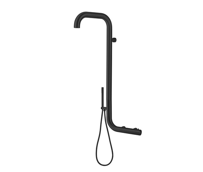 Conforama La ducha Sined Arborea Nera se monta directamente en la pared. Fabricado en acero inoxidable 316L de alta calidad. Ducha con entrada de agua caliente y fría. Mezclador doble para cabezal de ducha y teleducha con válv