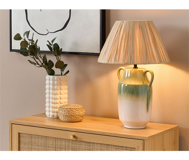 Conforama Lámpara De Mesa De Cerámica Verde Y Blanca LIMONES