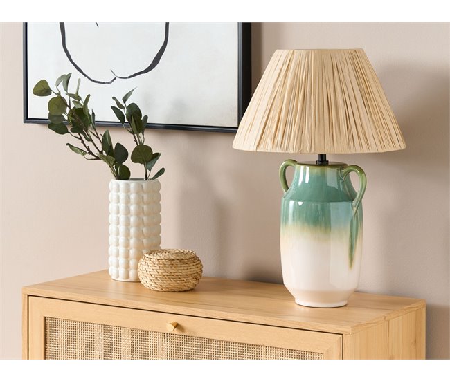 Conforama Lámpara De Mesa De Cerámica Verde Y Blanca LIMONES