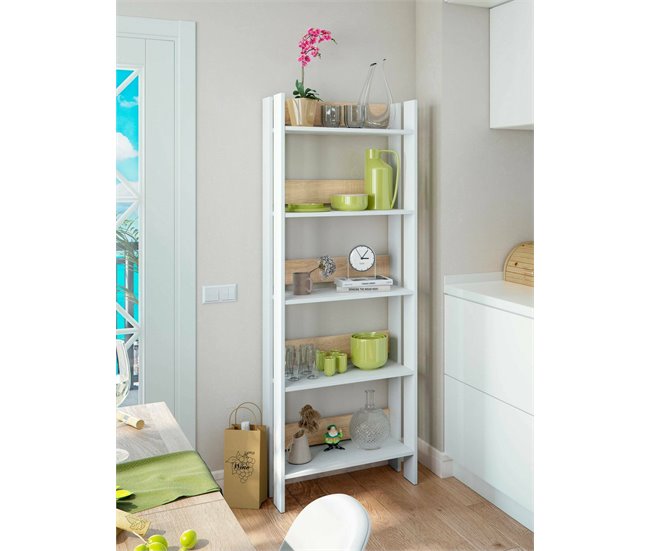 Conforama Librería Dnist Estantería De Oficina Con 5 Estantes Librería Biblioteca 57x27h170 Cm Blanco Brillo Y Roble