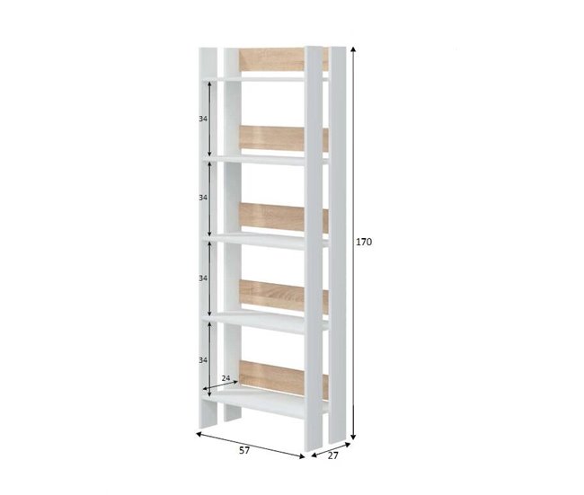 Conforama Librería Dnist Estantería De Oficina Con 5 Estantes Librería Biblioteca 57x27h170 Cm Blanco Brillo Y Roble