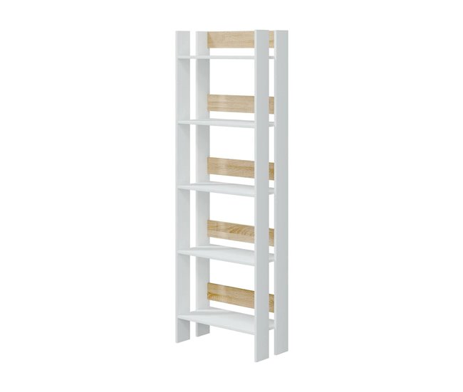 Conforama Librería Dnist Estantería de oficina con 5 estantes Librería Biblioteca 57x27h170 cm Blanco brillo y roble