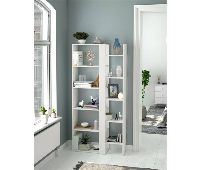 Conforama Librería Dnovella Estantería De Oficina Con 11 Estantes Librería Biblioteca 78x25h162 Cm Blanco Brillante
