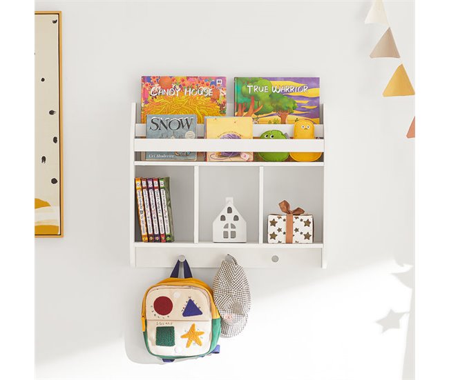 Conforama Librería Infantil De Pared Estantería Para Niños De 2 Niveles 3 Compartimentos Y 3 Ganchos 60 X 18 X 51 Cm KMB46-W SoBuy