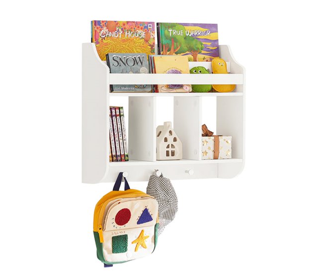 Conforama Librería Infantil de pared Estantería para niños de 2 Niveles 3 Compartimentos y 3 Ganchos 60 x 18 x 51 cm KMB46-W SoBuy