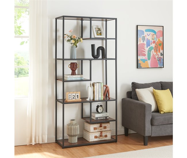 Conforama Librería Østre De 6 Estantes Metal 180x83x34cm - Negro/Nogal [en.casa]