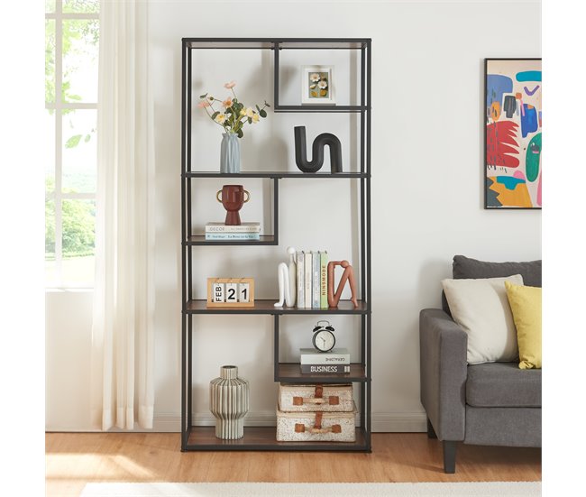 Conforama Librería Østre De 6 Estantes Metal 180x83x34cm - Negro/Nogal [en.casa]