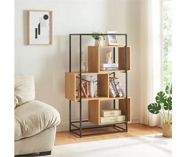Conforama Librería Rennebu 3 Niveles 126x80x33 Cm - Negro/Efecto Roble [en.casa]