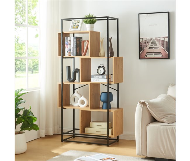 Conforama Librería Rennebu 4 Niveles 160x80x33 Cm - Negro/Efecto Roble [en.casa]