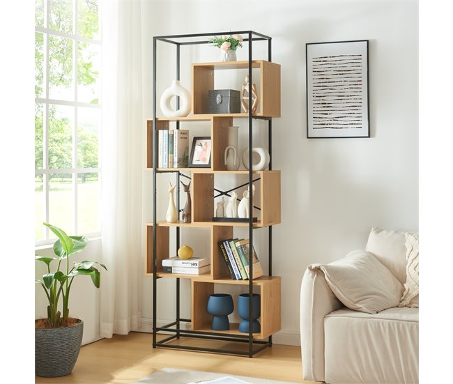 Conforama Librería Rennebu 5 Niveles 194x80x33 Cm - Negro/Efecto Roble [en.casa]
