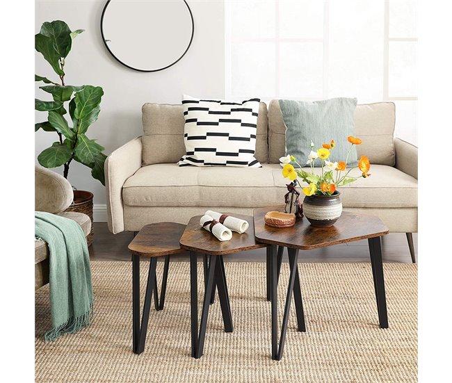 Conforama Lote De 3 Mesas Nido Con Patas De Acero Y Decoración De Madera Rústica