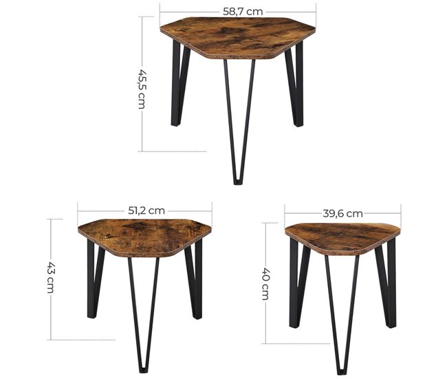 Conforama Lote De 3 Mesas Nido Con Patas De Acero Y Decoración De Madera Rústica