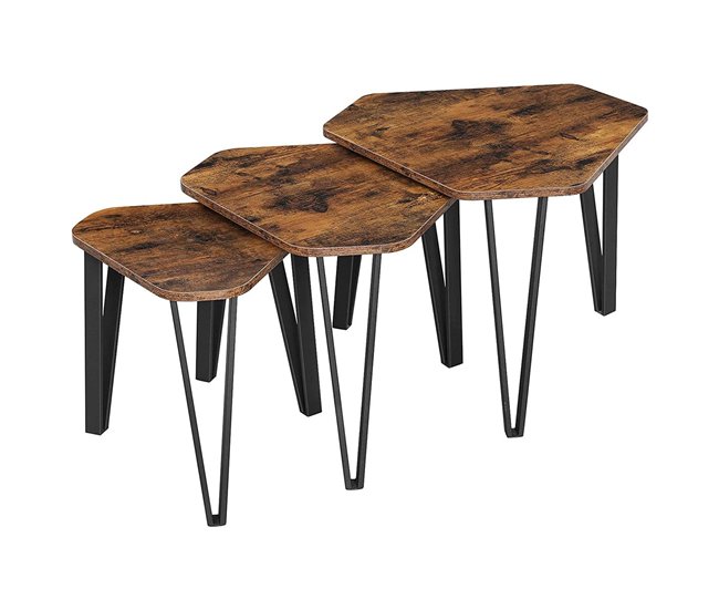 Conforama Lote de 3 mesas nido con patas de acero y decoración de madera rústica