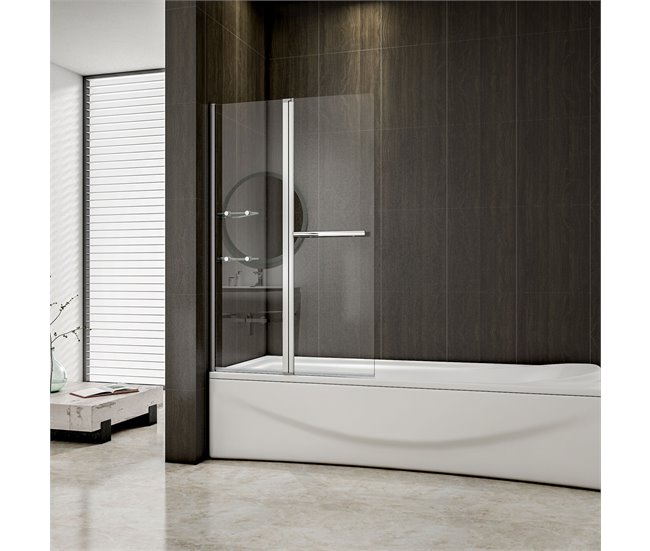 Conforama Mampara de Bañera Abatible Giratoria Vidrio Templado 6 mm Rectangular con 2 Repisas y un Toallero Cromado (99.5-100)X140cm