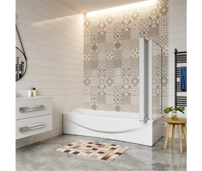 Conforama Mampara De Bañera+Panel Lateral Vidrio Templado 4mm Blanco/Gris Mate (119.9-120.9)X(67.2-69.9)X140cm