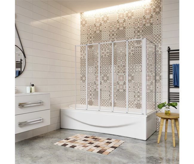 Conforama Mampara de Bañera+Panel lateral Vidrio Templado 4mm Blanco/Gris Mate (119.9-120.9)X(67.2-69.9)X140cm