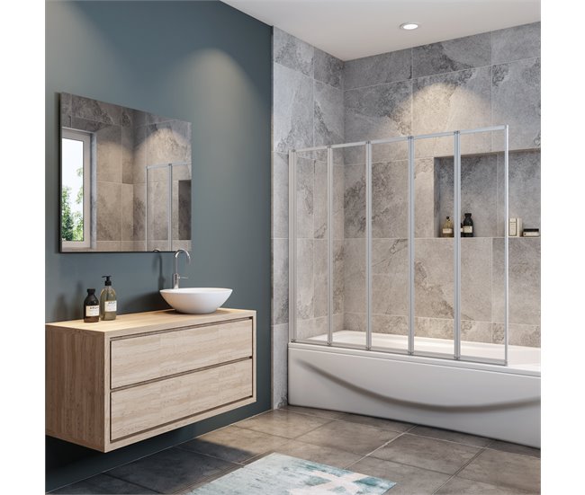 Conforama Mampara de Bañera Plegable Vidrio Templado 4mm Blanco/Gris Mate (119.3-120.3)X140cm